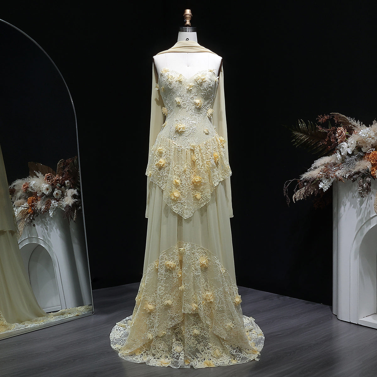 Elegant Light Yellow Floral 3D Strapless Evening Dress with Overskirt SS654