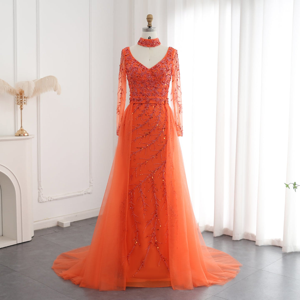 Luxury Beaded Orange Long Sleeves Evening Dress with Overskirt SS222