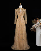 Gold High Neck Keyhole Sequin Sleeve Evening Dress