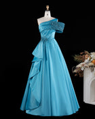 Exquisite Blue One Shoulder Sequin Satin Evening Dress
