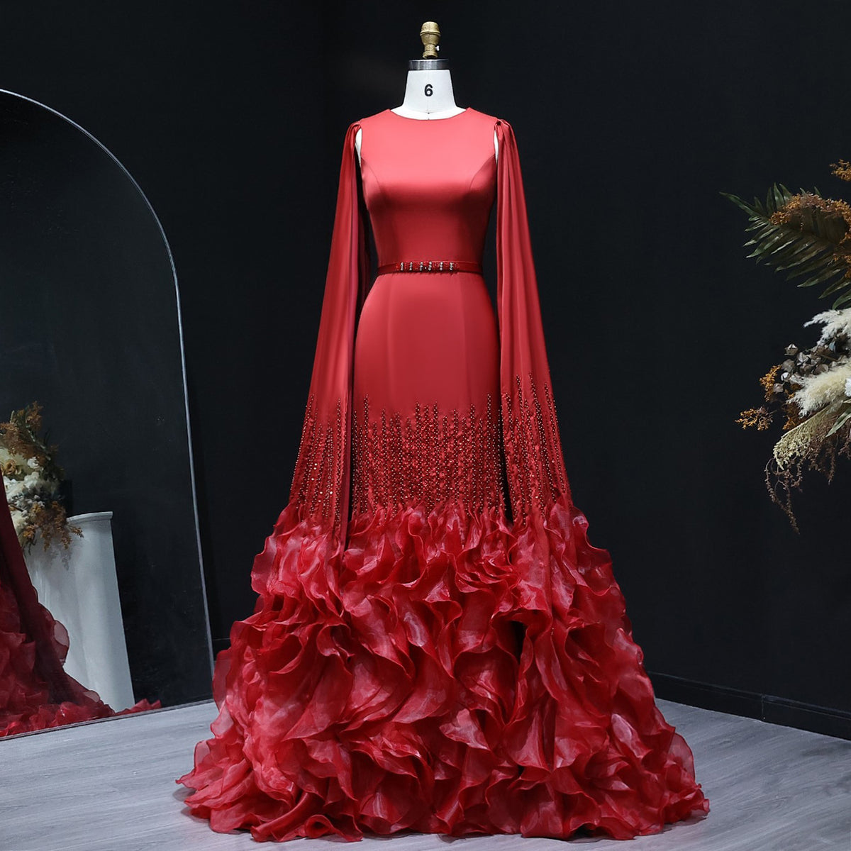 Luxury Nude Tiered Ruffles Mermaid Evening Dress with Cape Sleeves SS440