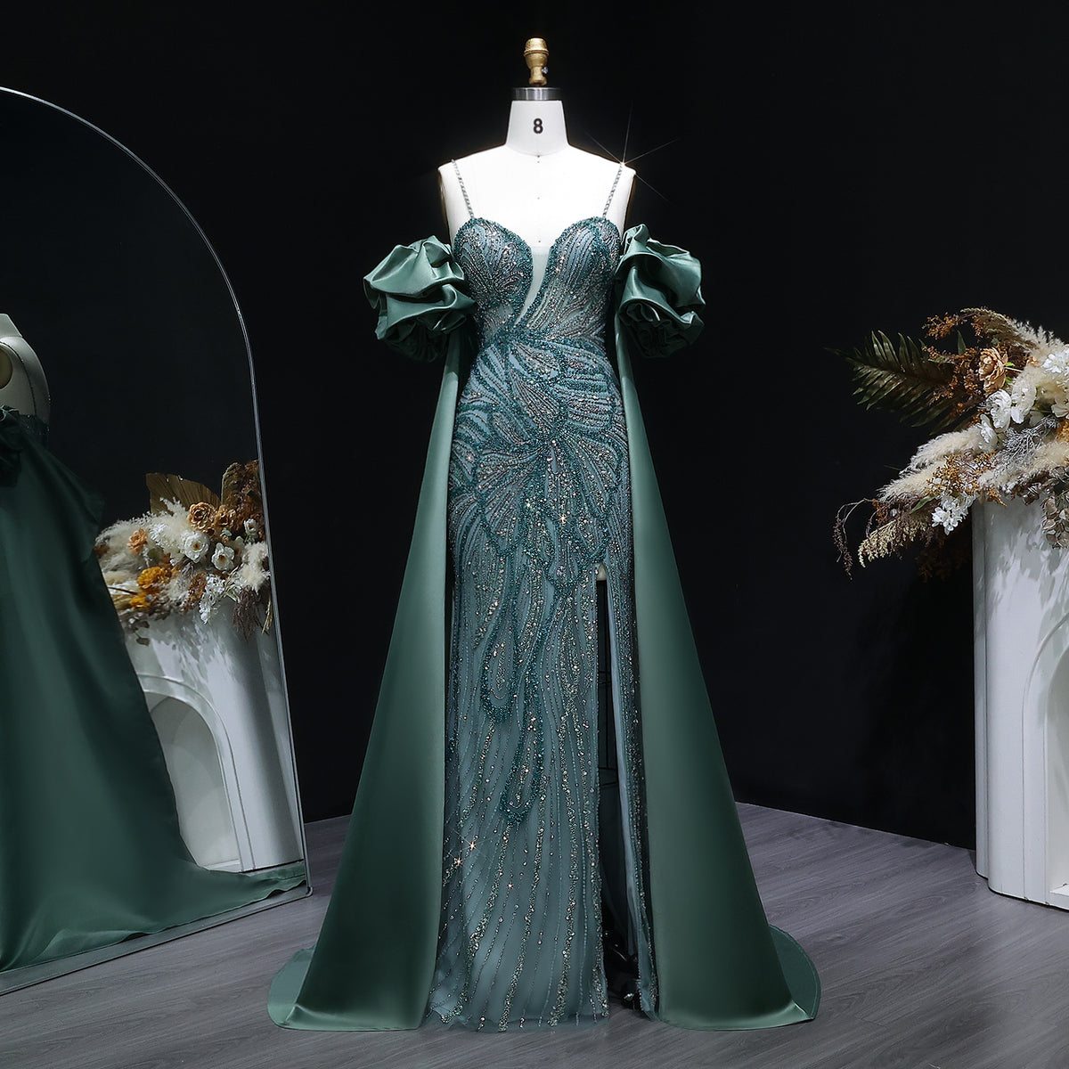 Luxury Lilac High-Slit Beaded Cape Evening Dress with Cap Sleeves SS157