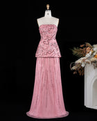 Luxury Rose Pink Crystal Sequin Two-Piece Evening Dress SS218