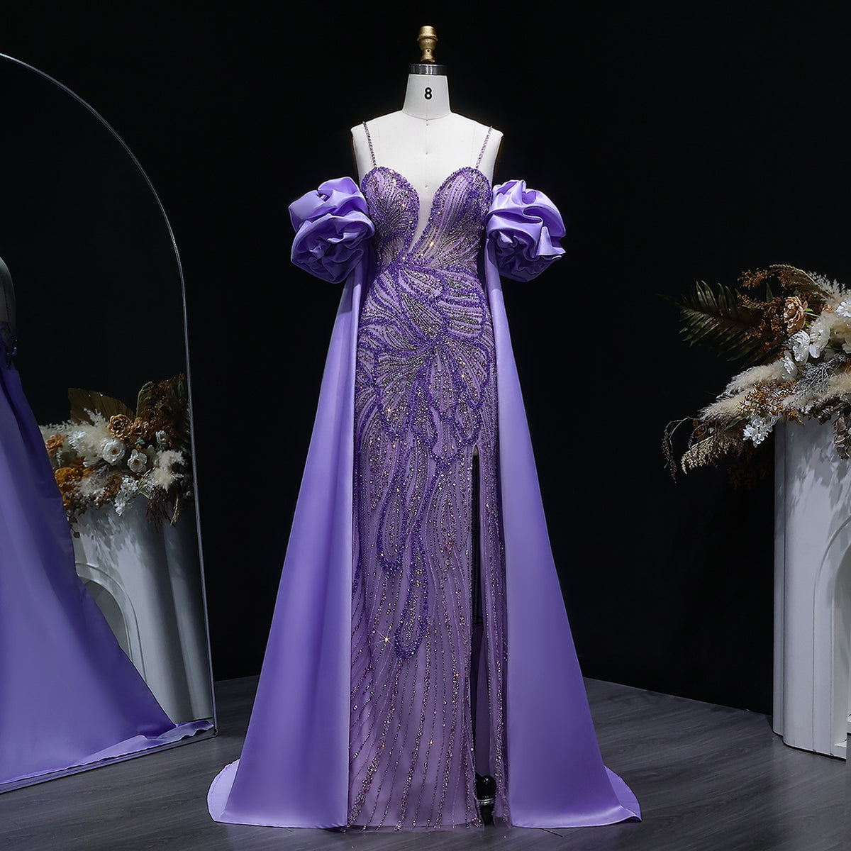 Luxury Lilac High-Slit Beaded Cape Evening Dress with Cap Sleeves SS157
