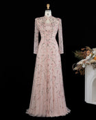 Gold High Neck Keyhole Sequin Sleeve Evening Dress