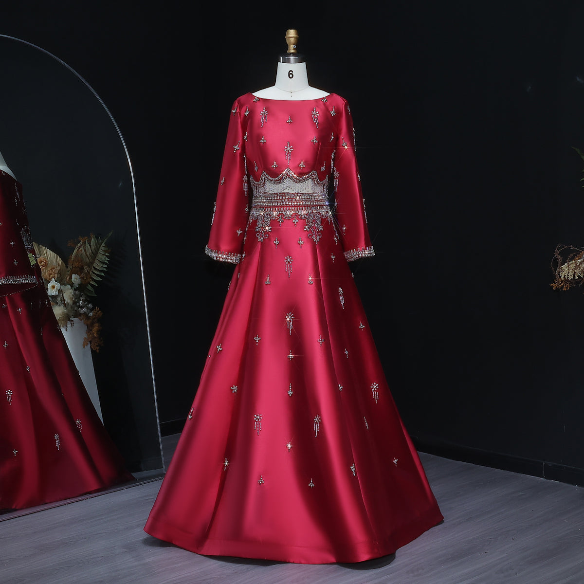 Luxury Burgundy Long Sleeve Crystal Beaded 2-Piece Evening Dress SS573