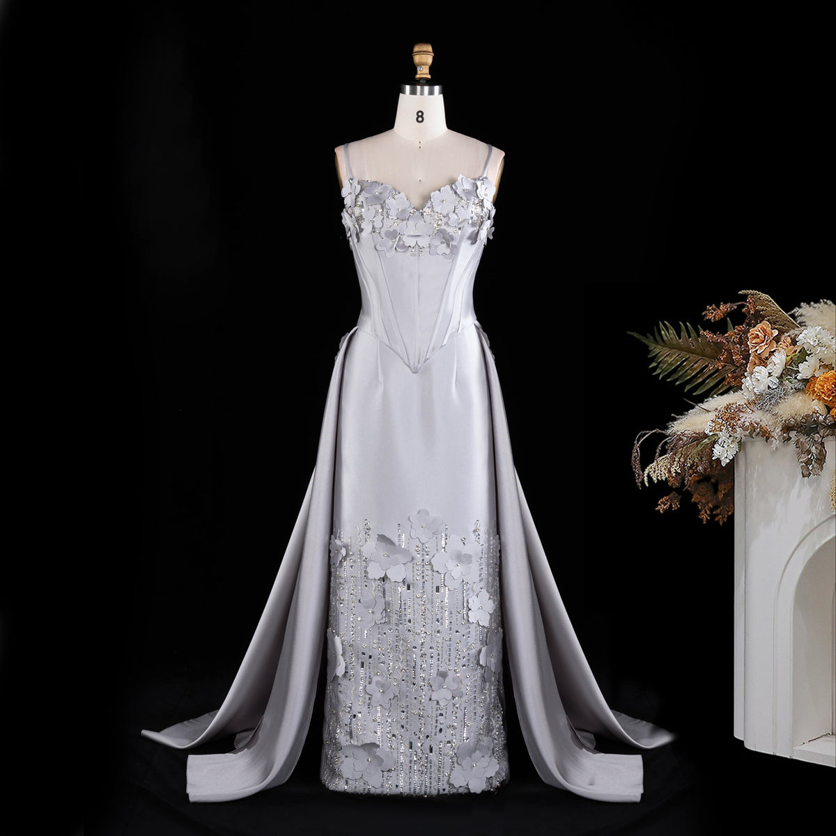 Gray Strap Sweetheart 3D Floral Beaded Evening Dress