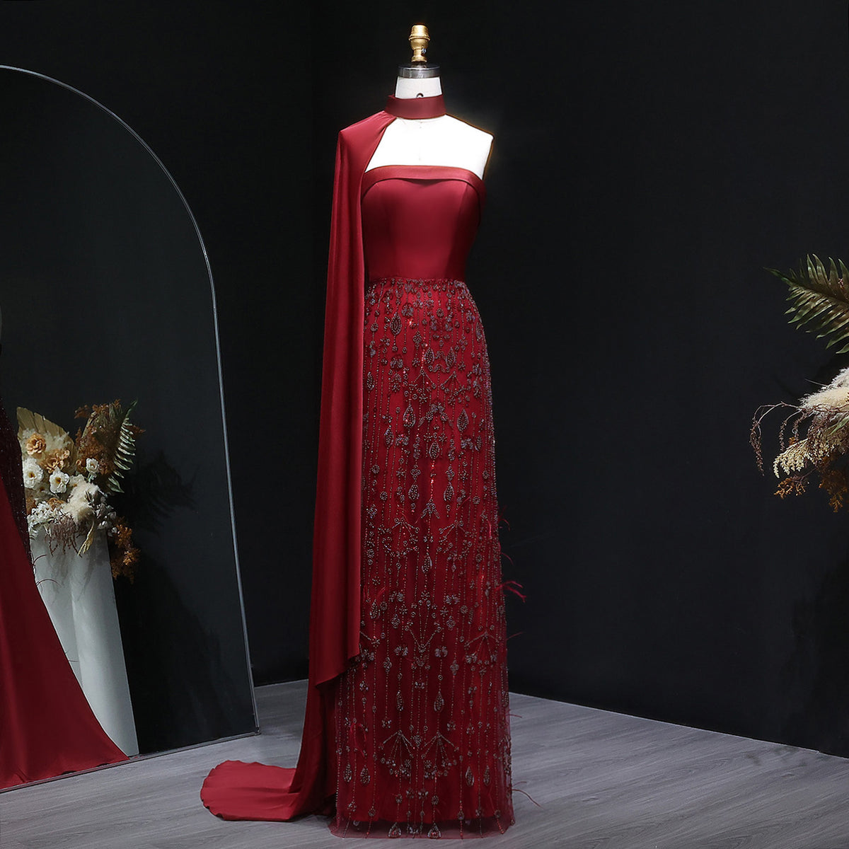 Luxury Sage Green Feathers Evening Dress with Scarf Cape SS014