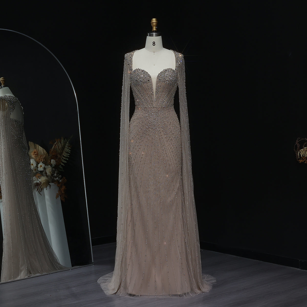 Luxury Beaded Pink Evening Dress with Cape Sleeves SS194