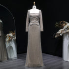 Luxury Gray Crystal Evening Dress with Long Sleeves SS633