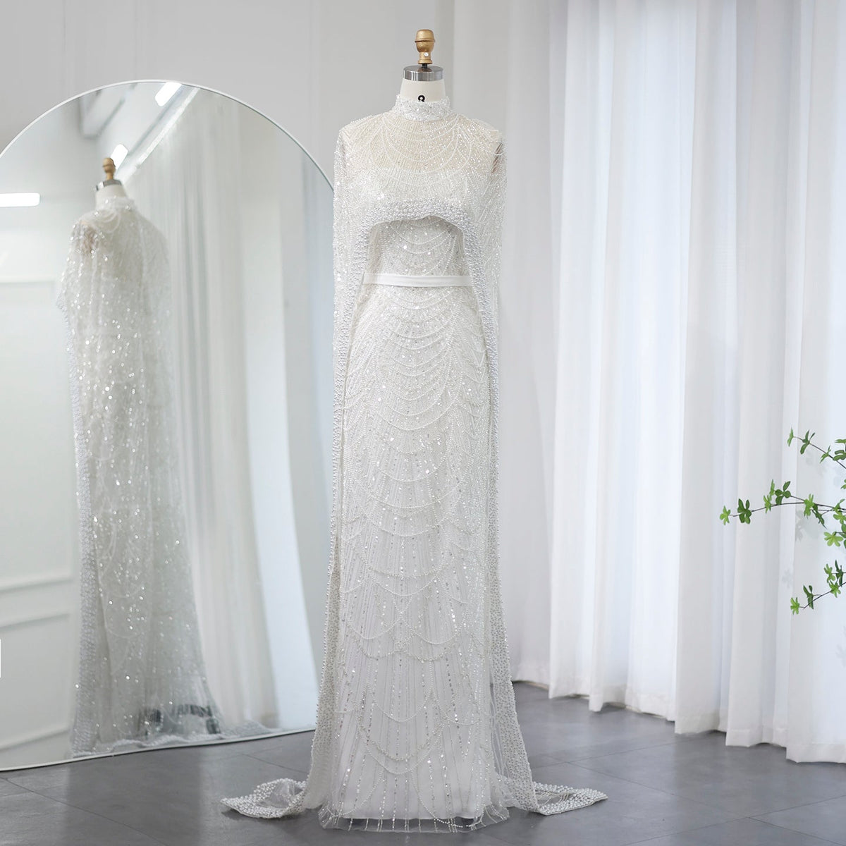 Luxury Pearls Champagne Mermaid Evening Dress with Cape SS369