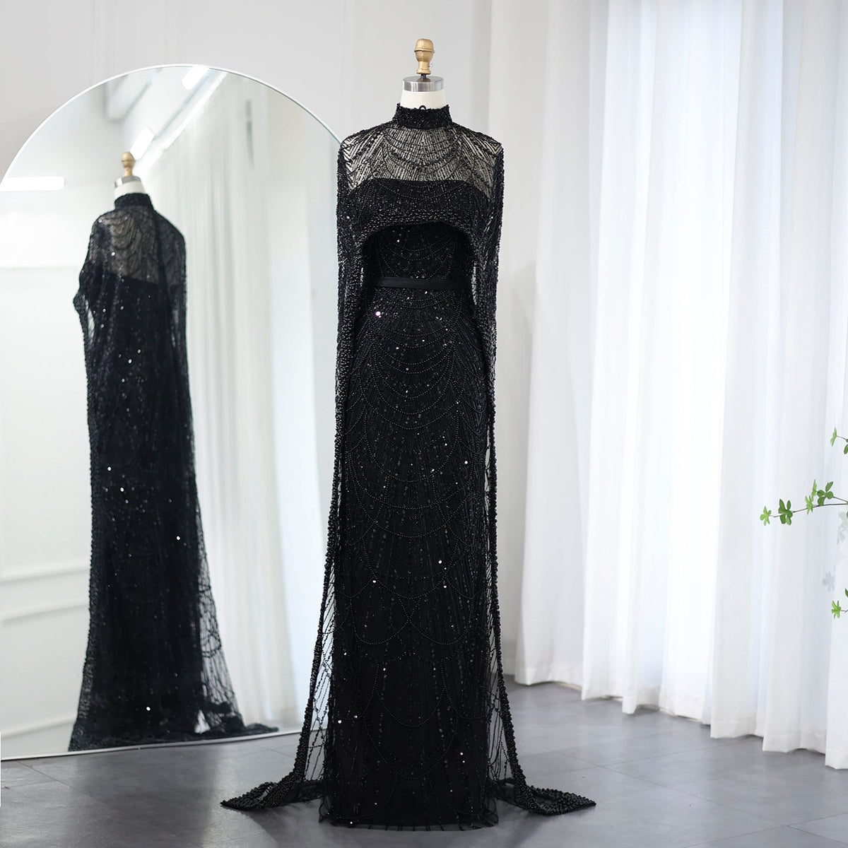 Luxury Pearls Champagne Mermaid Evening Dress with Cape SS369
