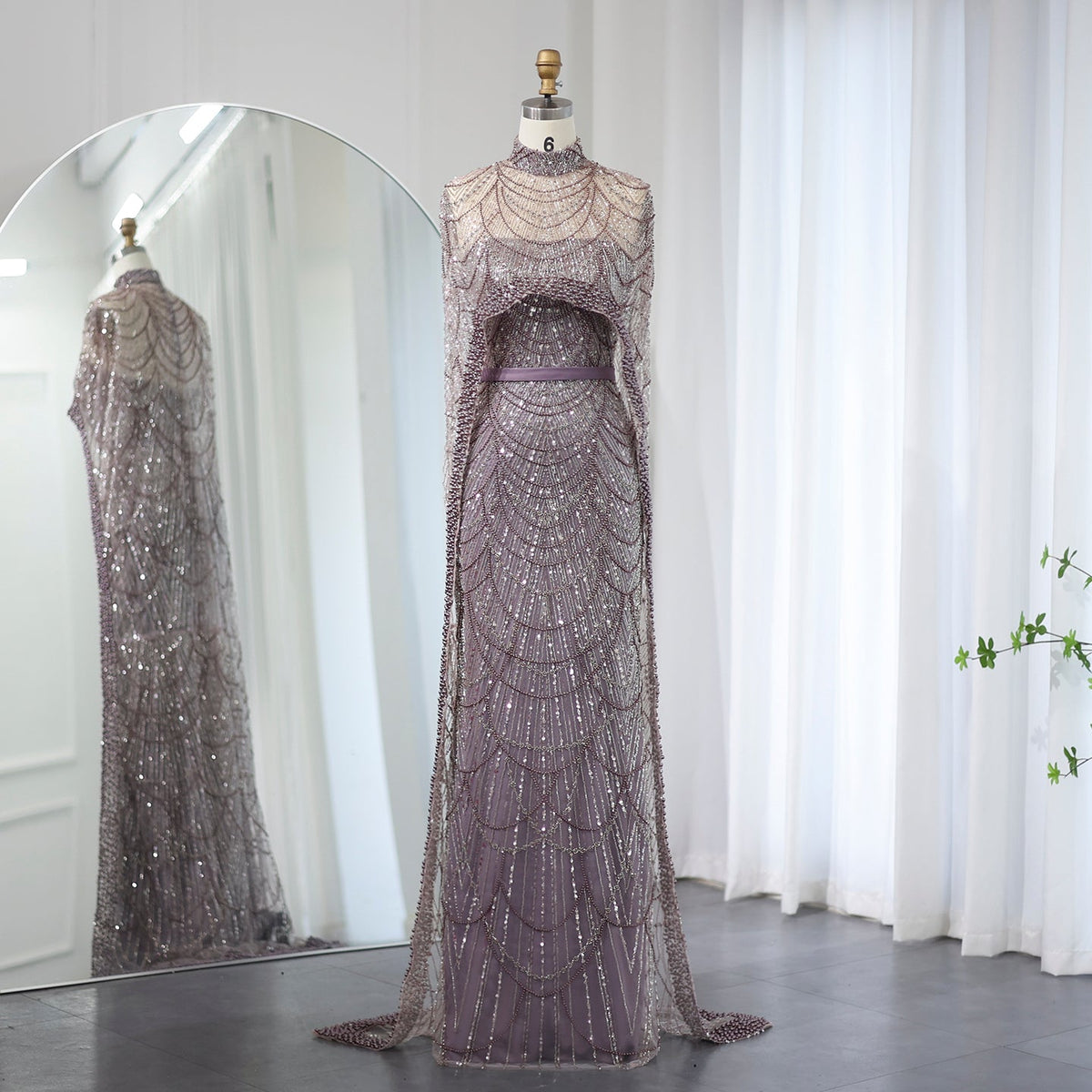Luxury Pearls Champagne Mermaid Evening Dress with Cape SS369