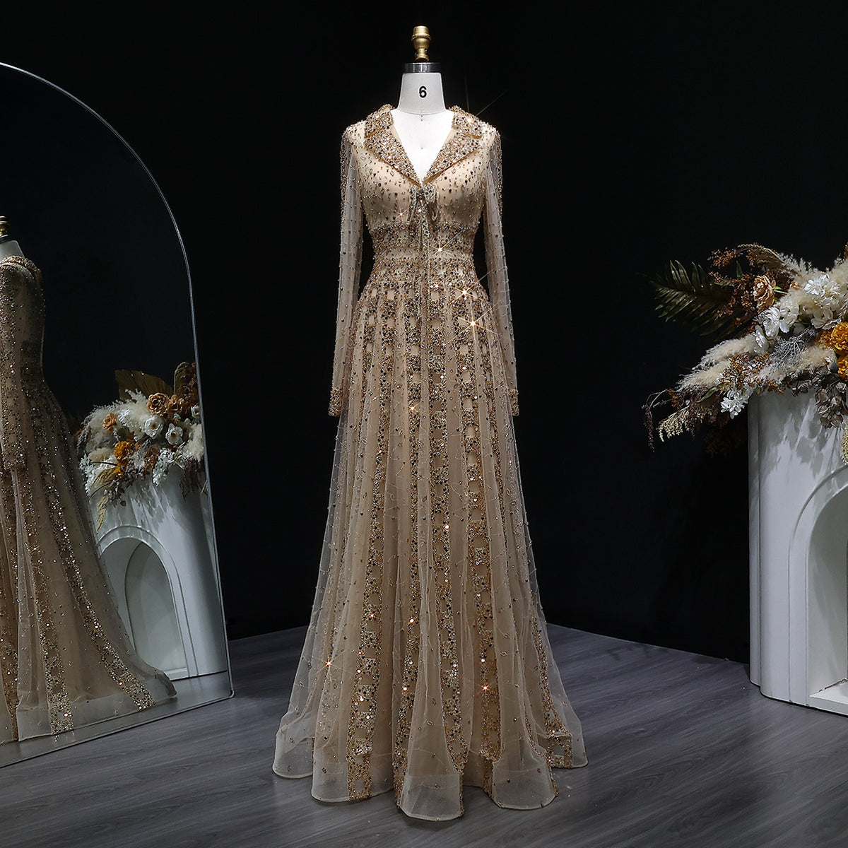 Elegant Champagne Notched Collar Beaded Long Sleeve Evening Dress SS419