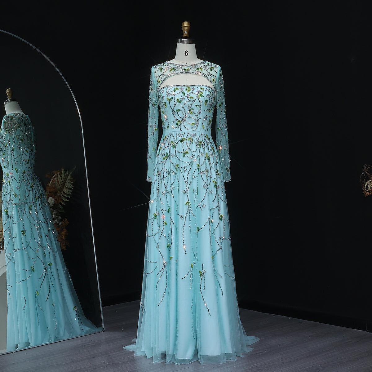Elegant Beaded Sequins Long Sleeve Evening Dress SS593
