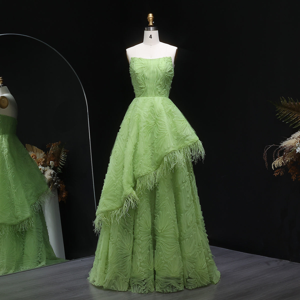 Luxury Feather 3D Floral Lemon Green Strapless Evening Dress SF034