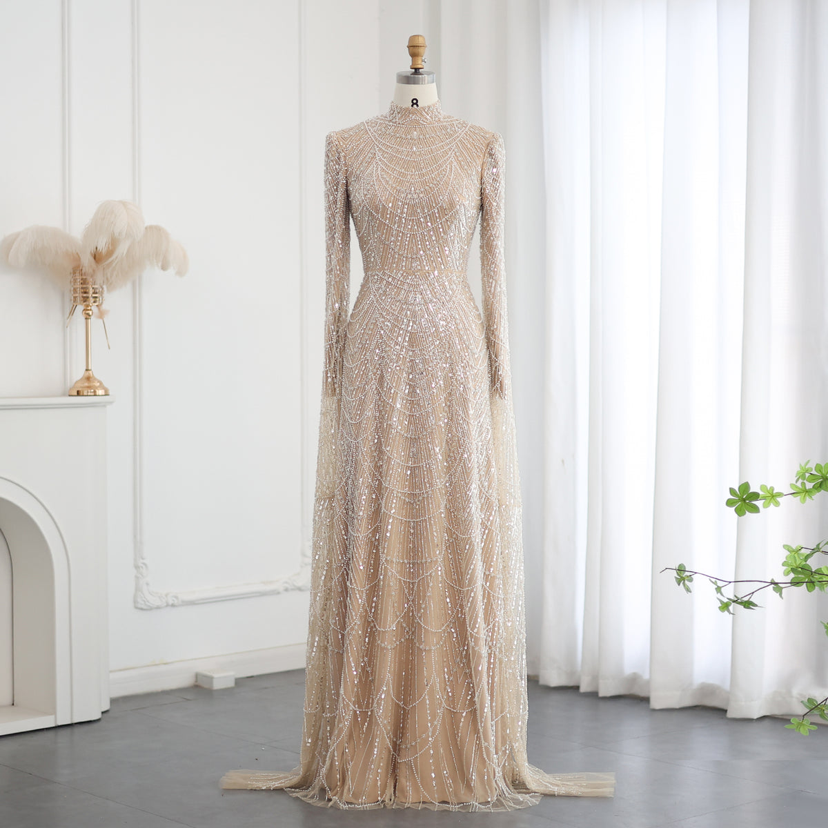 Sage Green High Neck Cape Sleeves Beaded Evening Dress