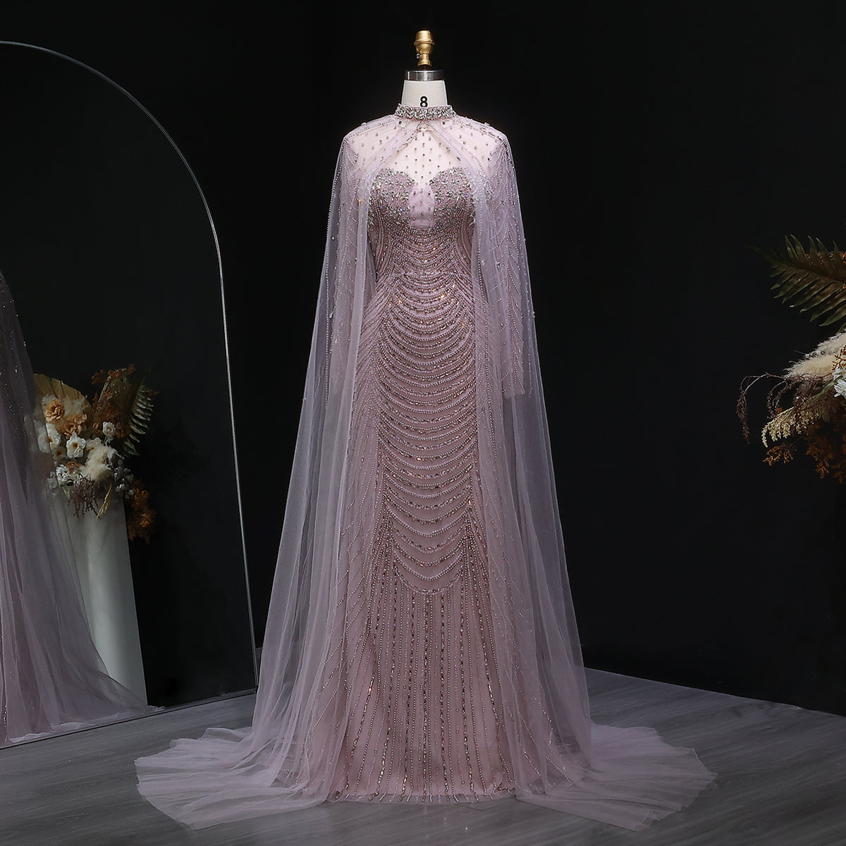 Luxury Pink Beaded Sequin Cape Sleeves Mermaid Evening Dress