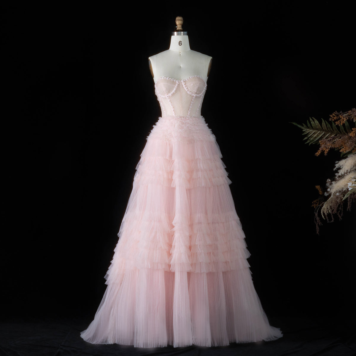 Pink Sweetheart Corset Tiered Ruffled Evening Dress