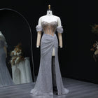 Luxury Crystal Silver Evening Dress with Sleeves Slit SS426