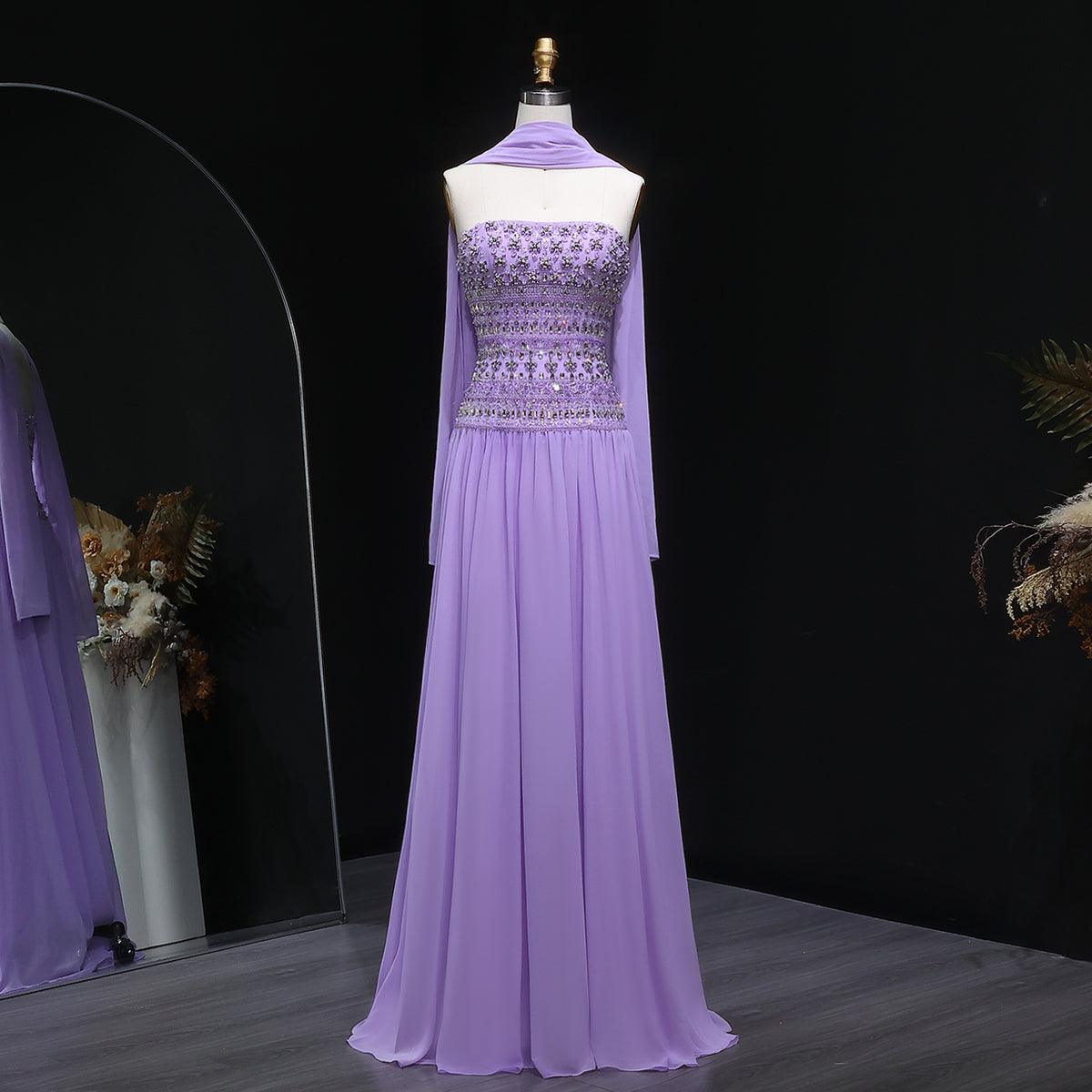 Luxury Crystal Lilac Strapless Chiffon Evening Dress SS539