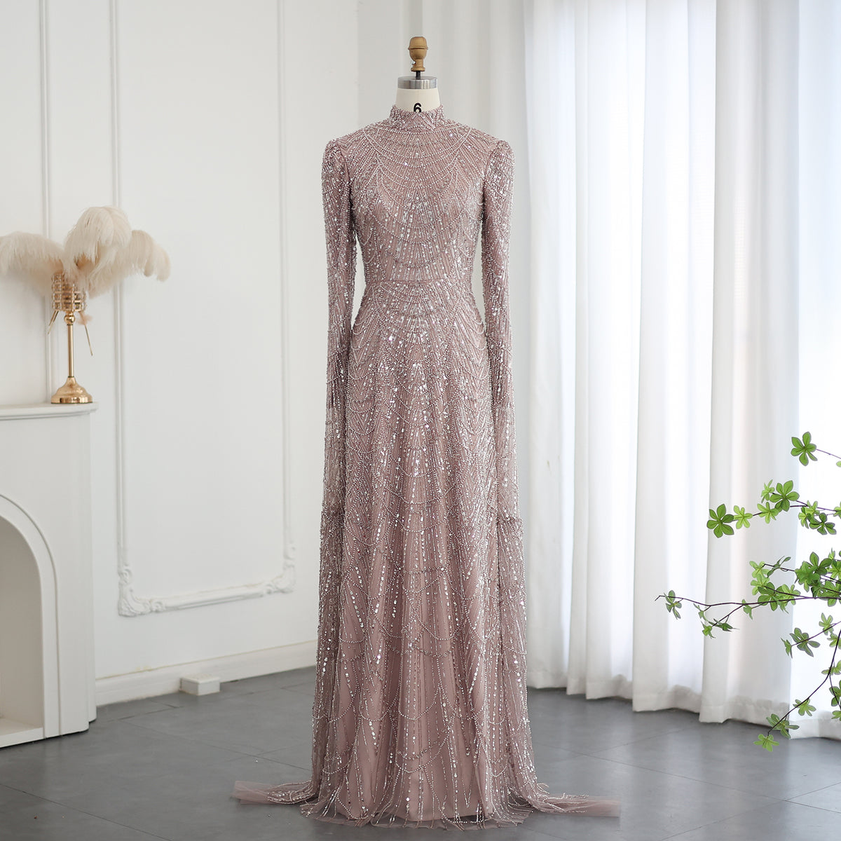 Sage Green High Neck Cape Sleeves Beaded Evening Dress