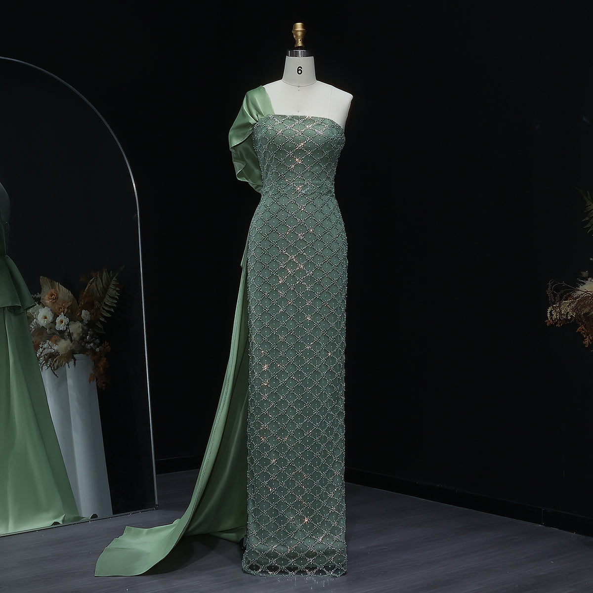 Green One Shoulder Sideskirt Beaded Evening Dress