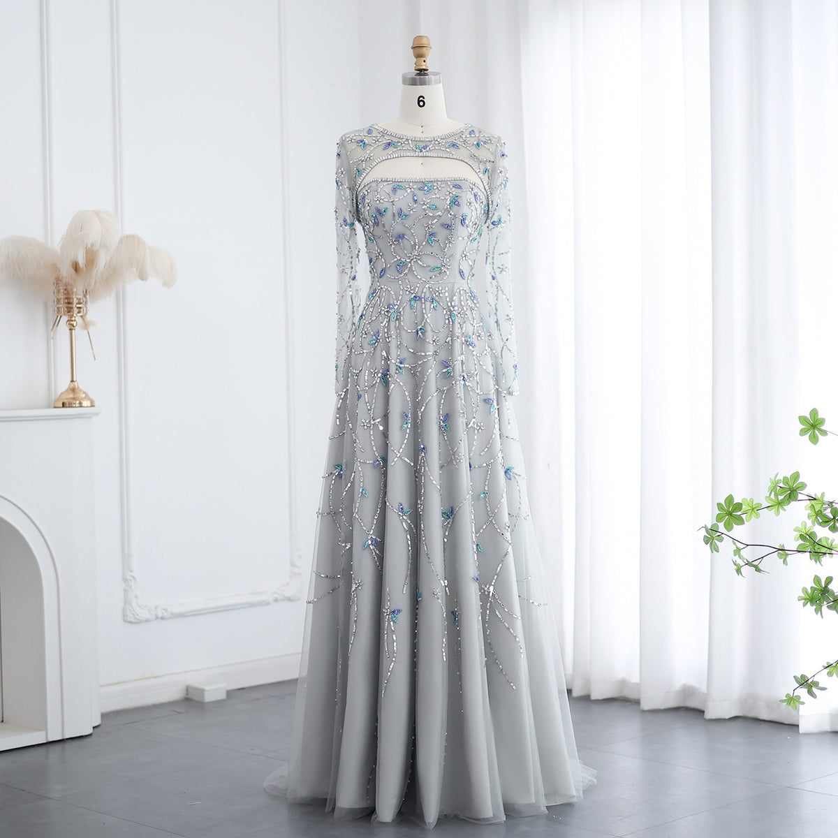 Elegant Beaded Sequins Long Sleeve Evening Dress SS593
