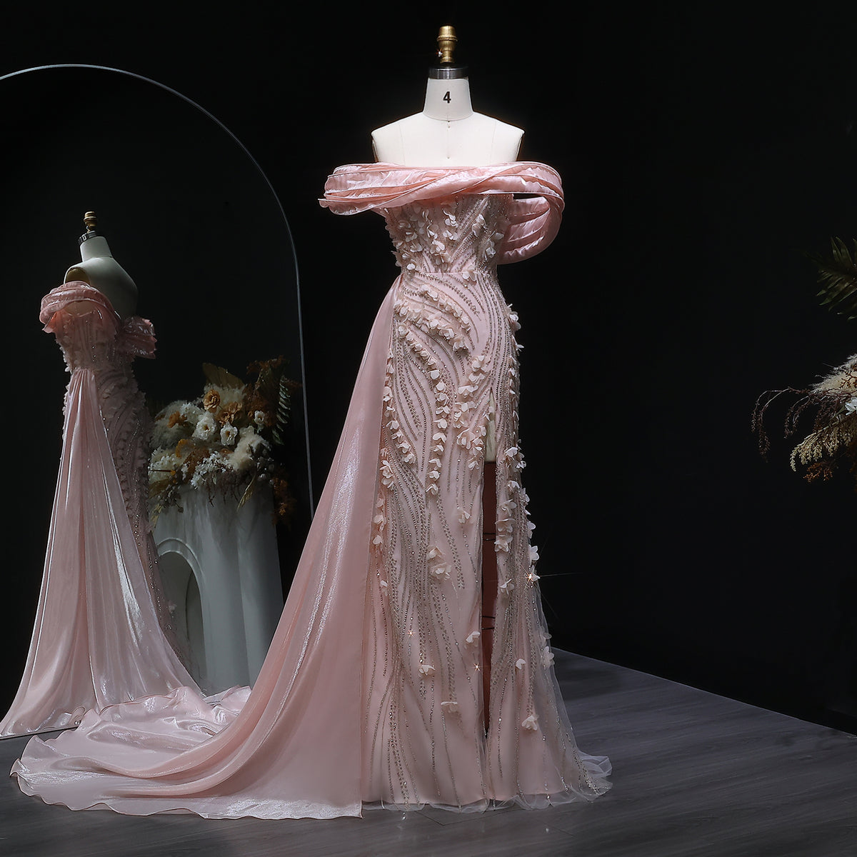 Pink Glamorous Sequin 3D Floral Off-the-Shoulder Evening Dress SS604