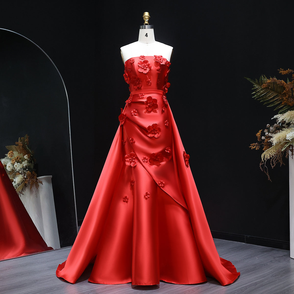 Luxury Blue Strapless 3D Flower Satin Evening Dress