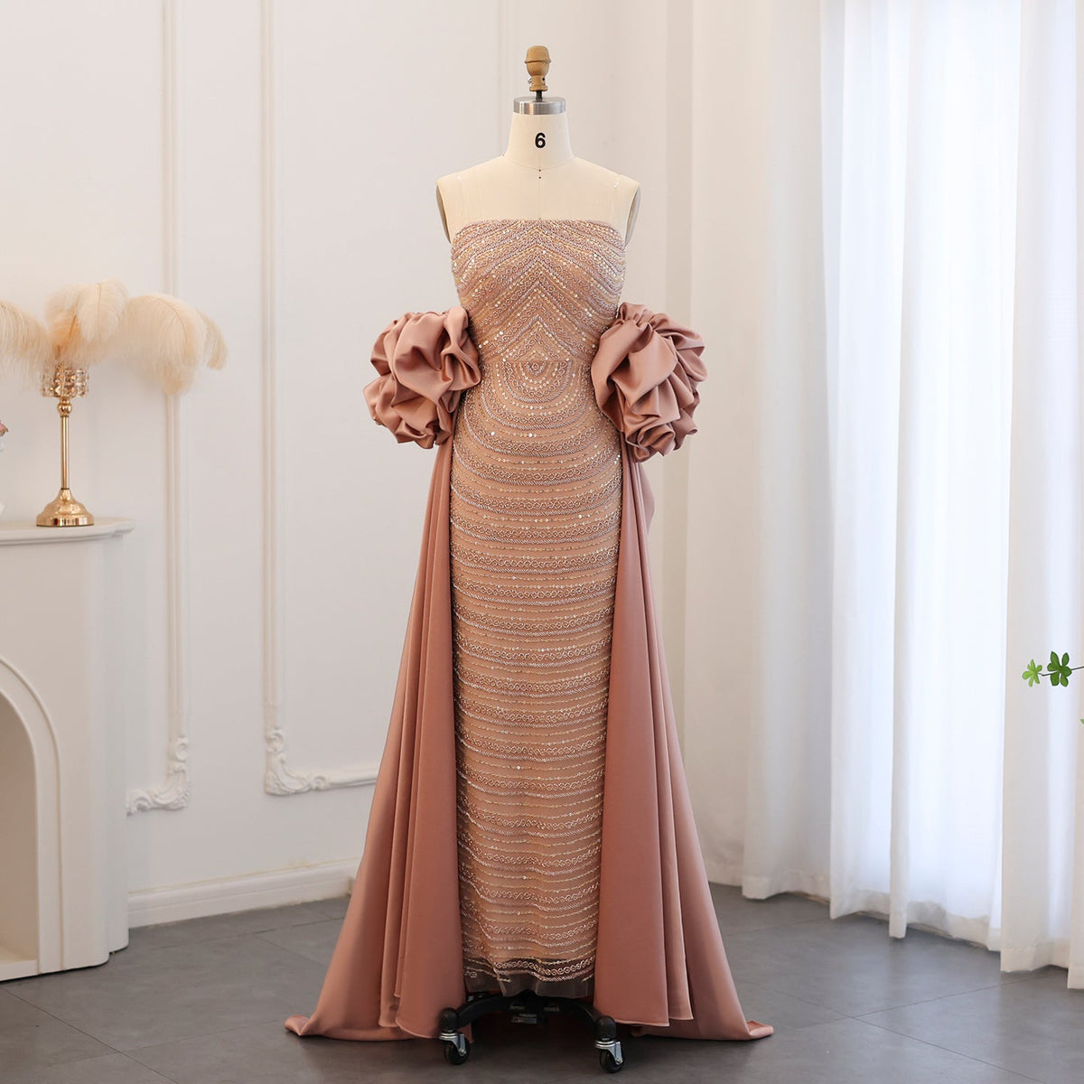 Luxury Dusty Rose Midi Evening Dress with Cape SS492