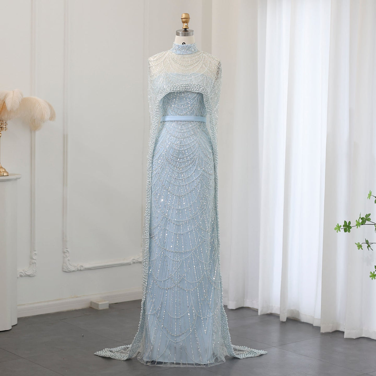 Luxury Pearls Champagne Mermaid Evening Dress with Cape SS369