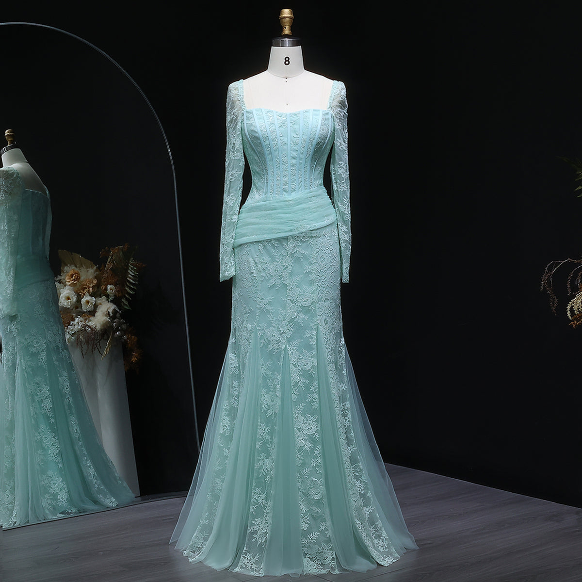 Luxury Green Printed Lace Long Sleeve Evening Dress SF252