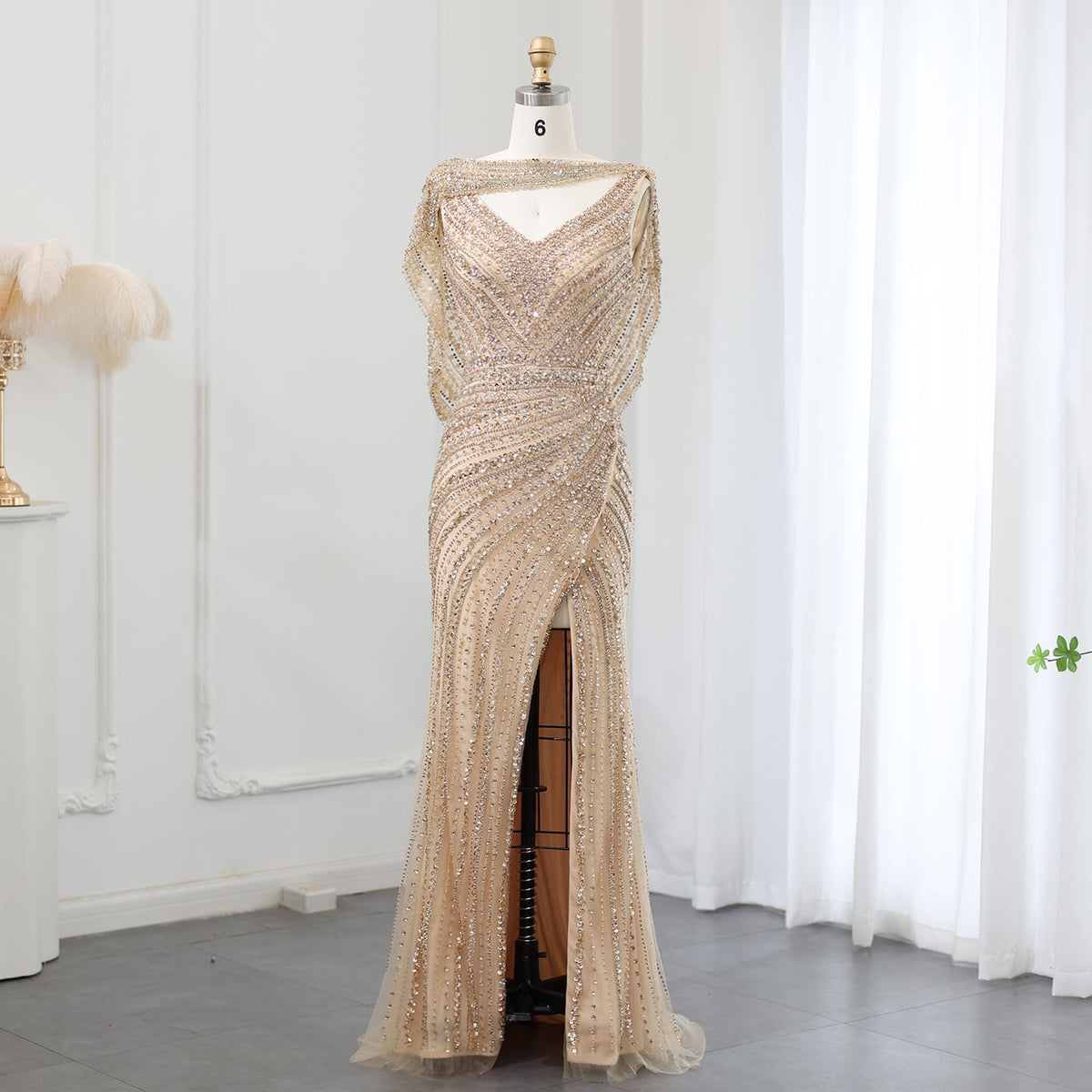 Luxury Beaded Silver Mermaid Evening Dress with Cape SS035