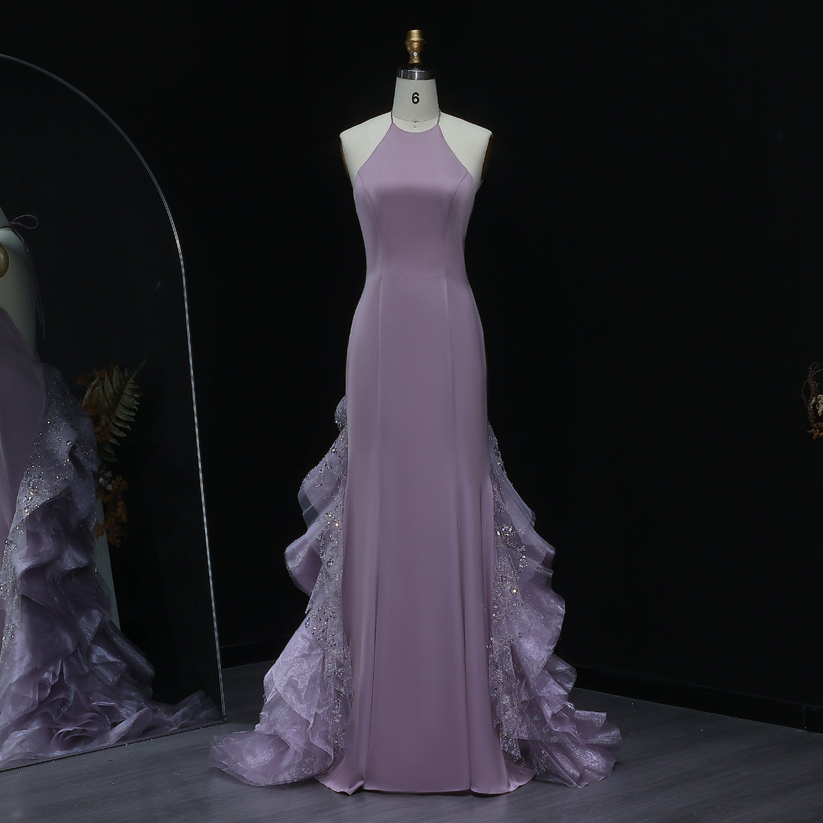 Elegant Halter Blue Evening Dress with Ruffles Train SS524
