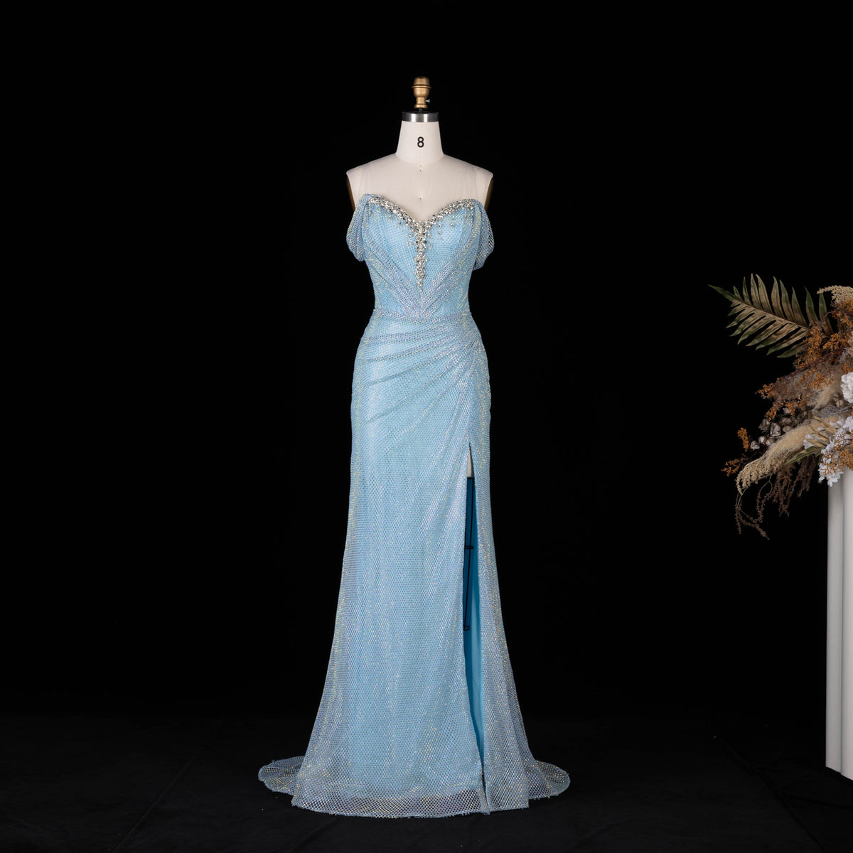 Blue Strapless Crystal Beaded Mermaid Evening Dress with Side Slit