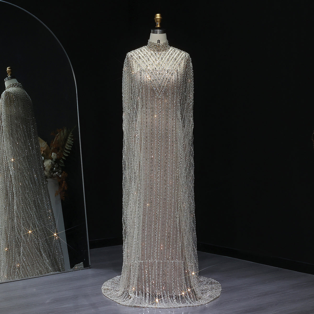 Luxury Pearls Champagne Evening Dress with Cape SS691