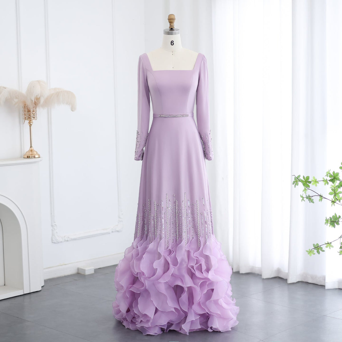 Luxury Lilac Ruffles Long Sleeve Evening Dress SS579