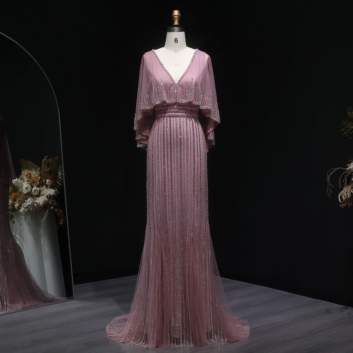 Pink Beaded V-Neck Mermaid Evening Dresses with Cape SS284
