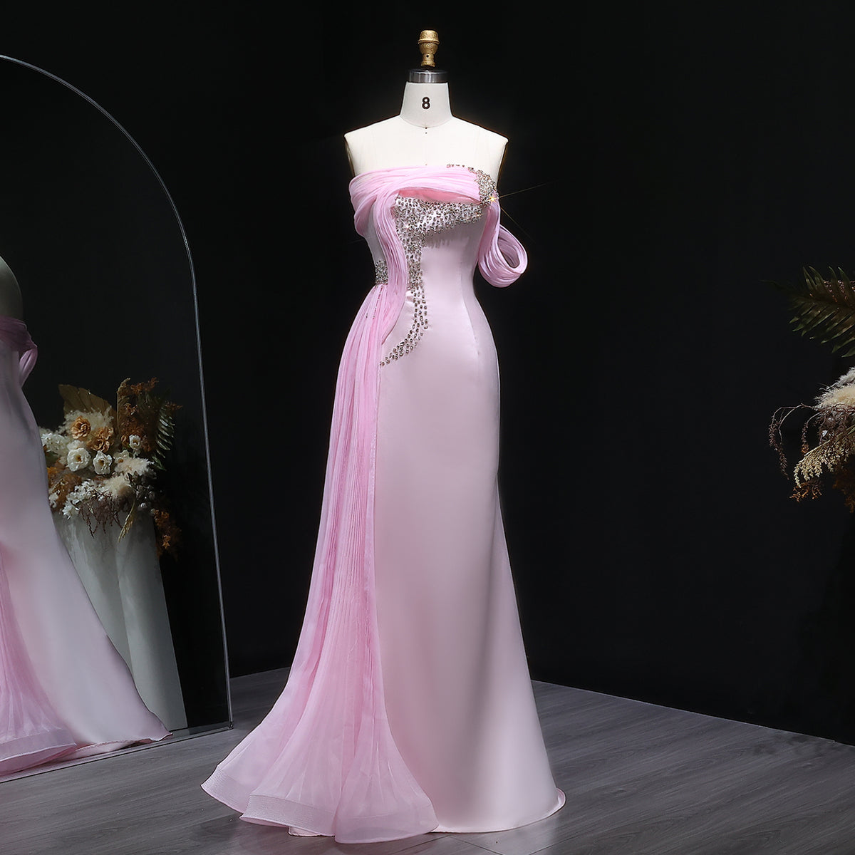 Luxury Light Pink Beaded Fitted Evening Dress with Overskirt SF501