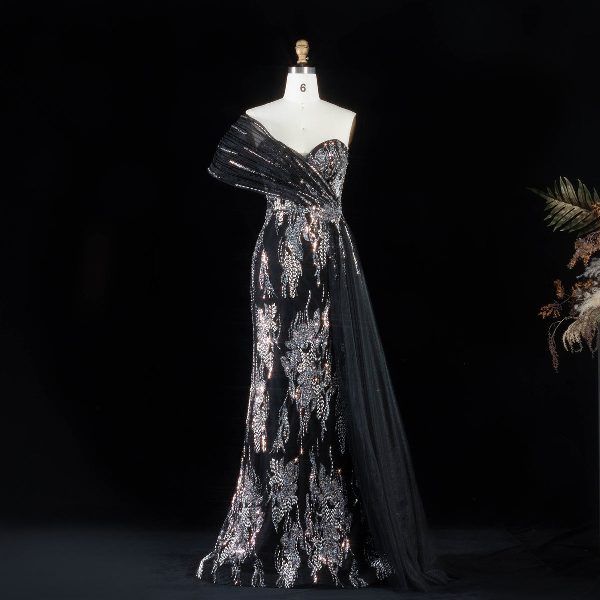 Romantic Blue Rhinestone Leaf Pattern Asymmetrical Tulle Streamer Mermaid Evening Dress SS136