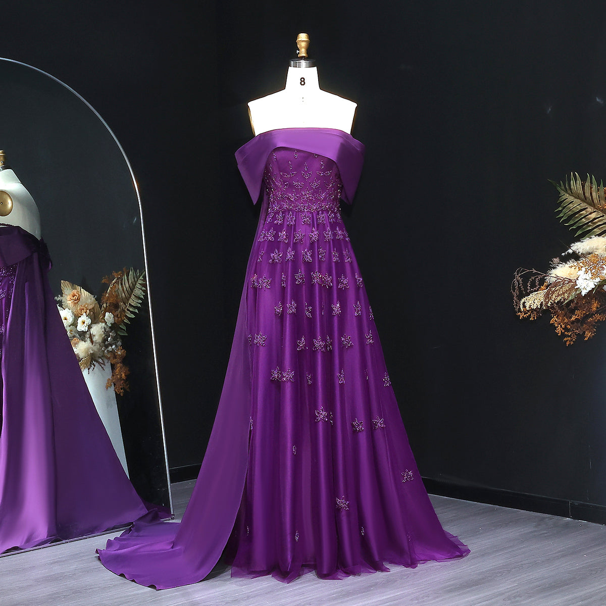 Elegant Beaded Yellow Satin Evening Dress with Cape SS455