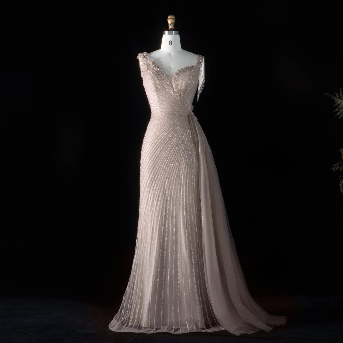 Luxury Pink Beaded V-Neck Long Evening Dresses with overskirt SS103