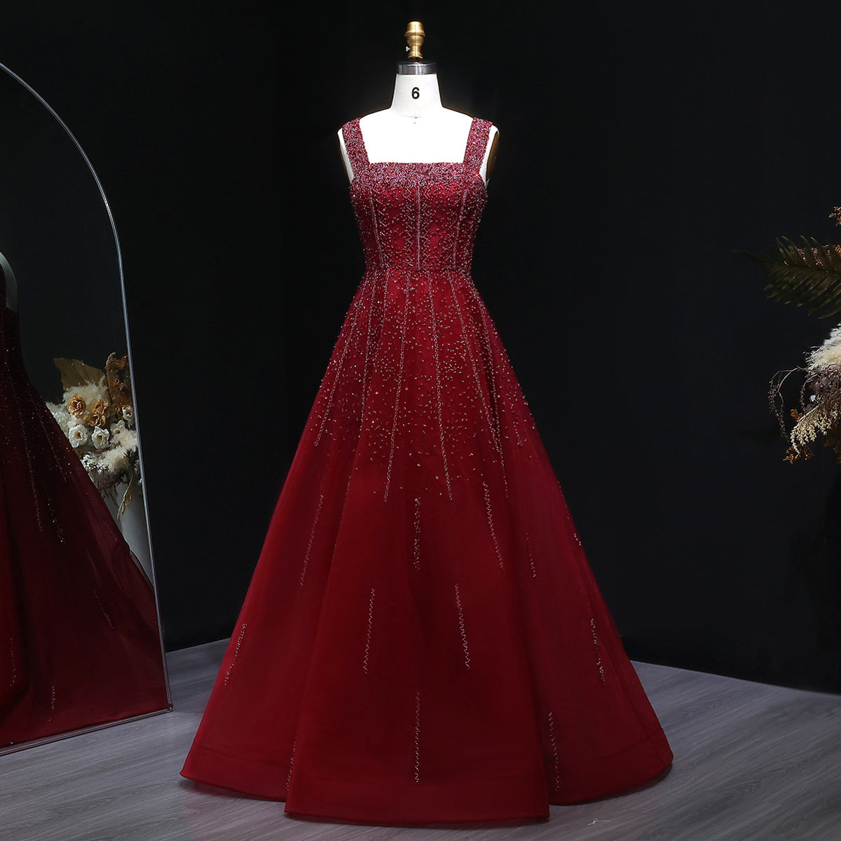 Elegant Wine Red Sequin Beaded Strapless Ball Gown Evening Dress XD074