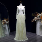 Elegant Beige Crystal Beaded Mesh Sleeve Evening Dress SS628