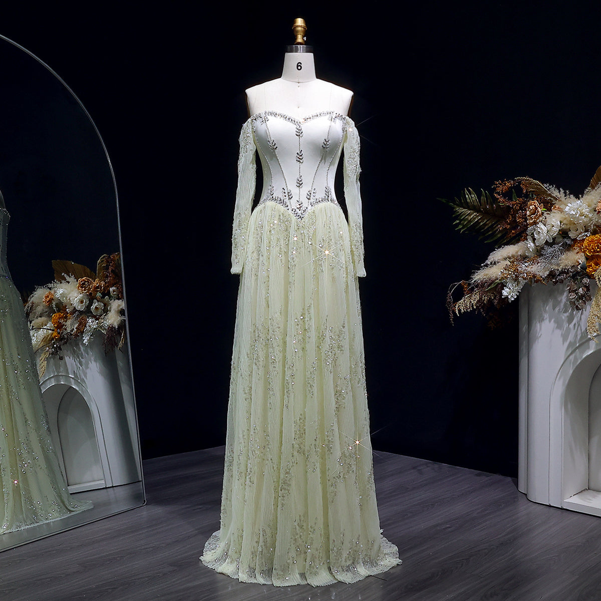 Elegant Beige Crystal Beaded Mesh Sleeve Evening Dress SS628