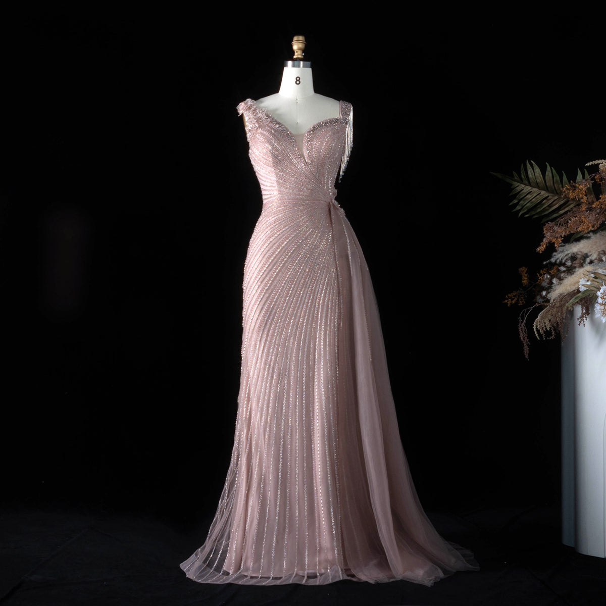 Luxury Pink Beaded V-Neck Long Evening Dresses with overskirt SS103