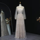 Exquisite Beige Beaded Long Sleeve A-Line Evening Dress