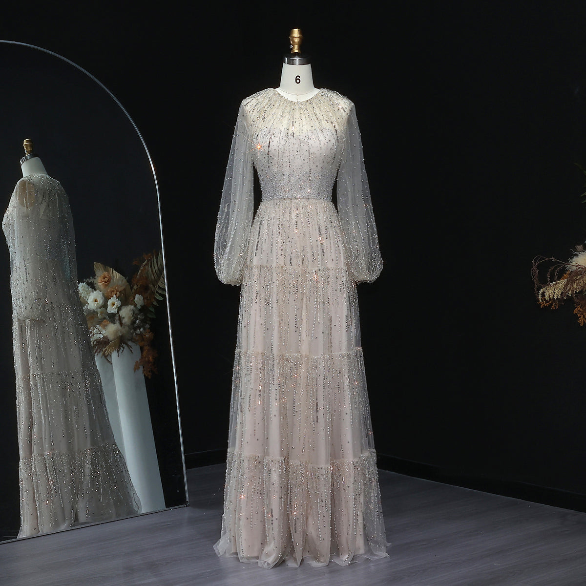 Exquisite Beige Beaded Long Sleeve A-Line Evening Dress