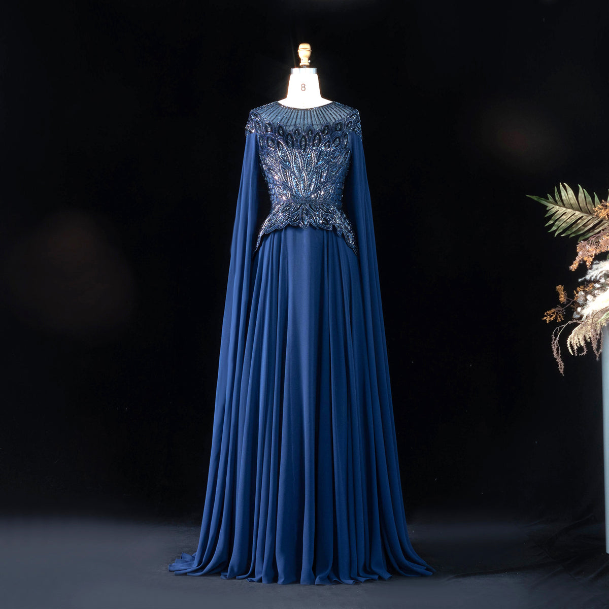 Regal Black Chiffon A-Line Beaded Formal Evening Dress with Cape Sleeves SS104